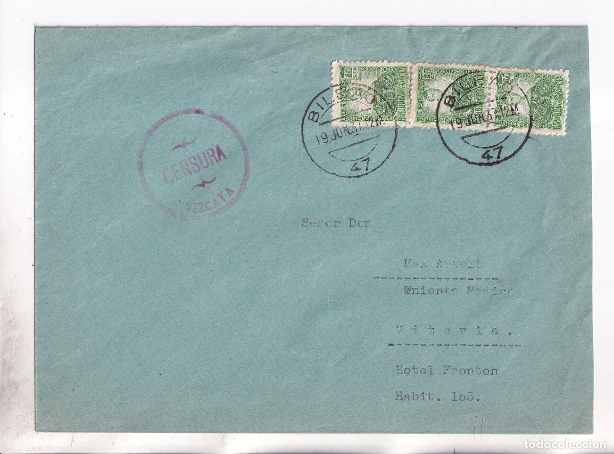 Sellos: SOBRE. BILBAO. VIZCAYA. 1937. CENSURA MILITAR. A VITORIA. PA&Iacute;S VASCO