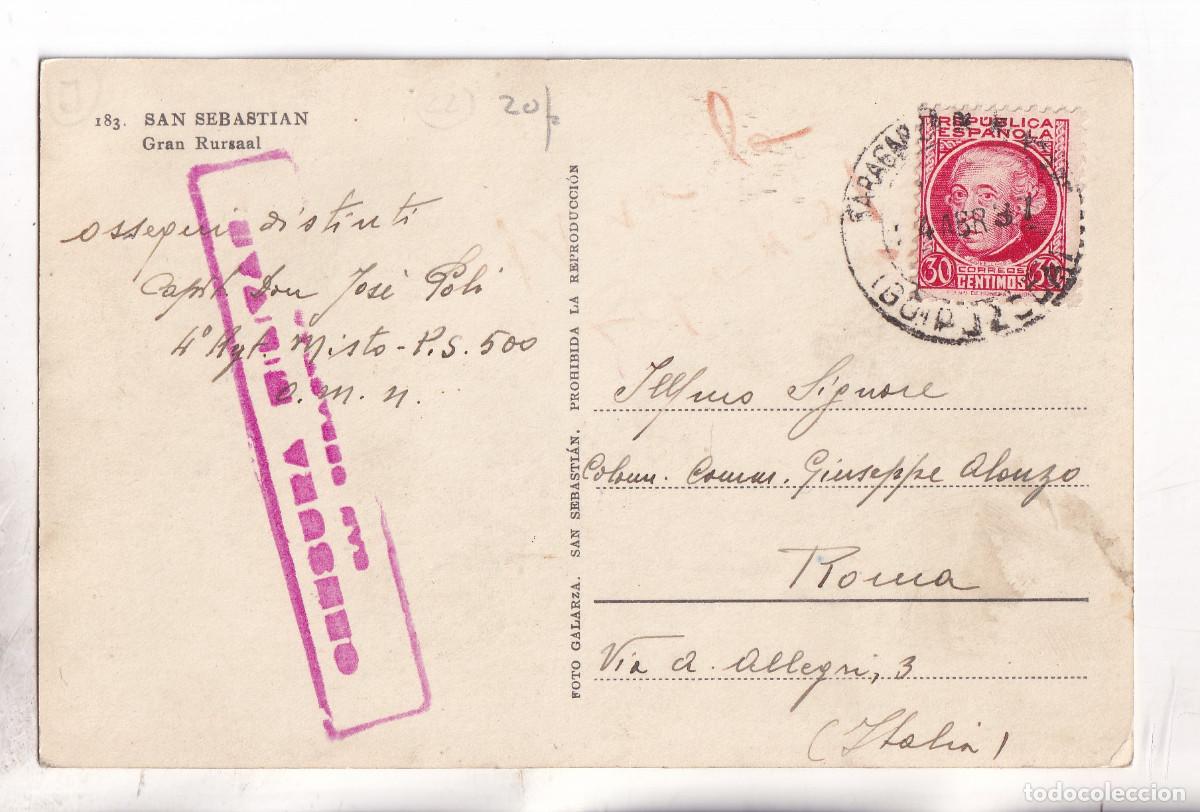Sellos: POSTAL. SAN SEBASTI&Aacute;N 1937. A ITALIA. A UN CAPIT&Aacute;N ITALIANO EN LA GUERRA CIVIL. CENSURA MILITAR