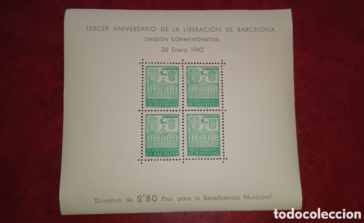 Sellos: ESPA&Ntilde;A 1942 - AYUNTAMIENTO DE BARCELONA EDIFIL 39 - TERCER ANIVERSARIO DE LA LIBERACI&Oacute;N - PRUEBA