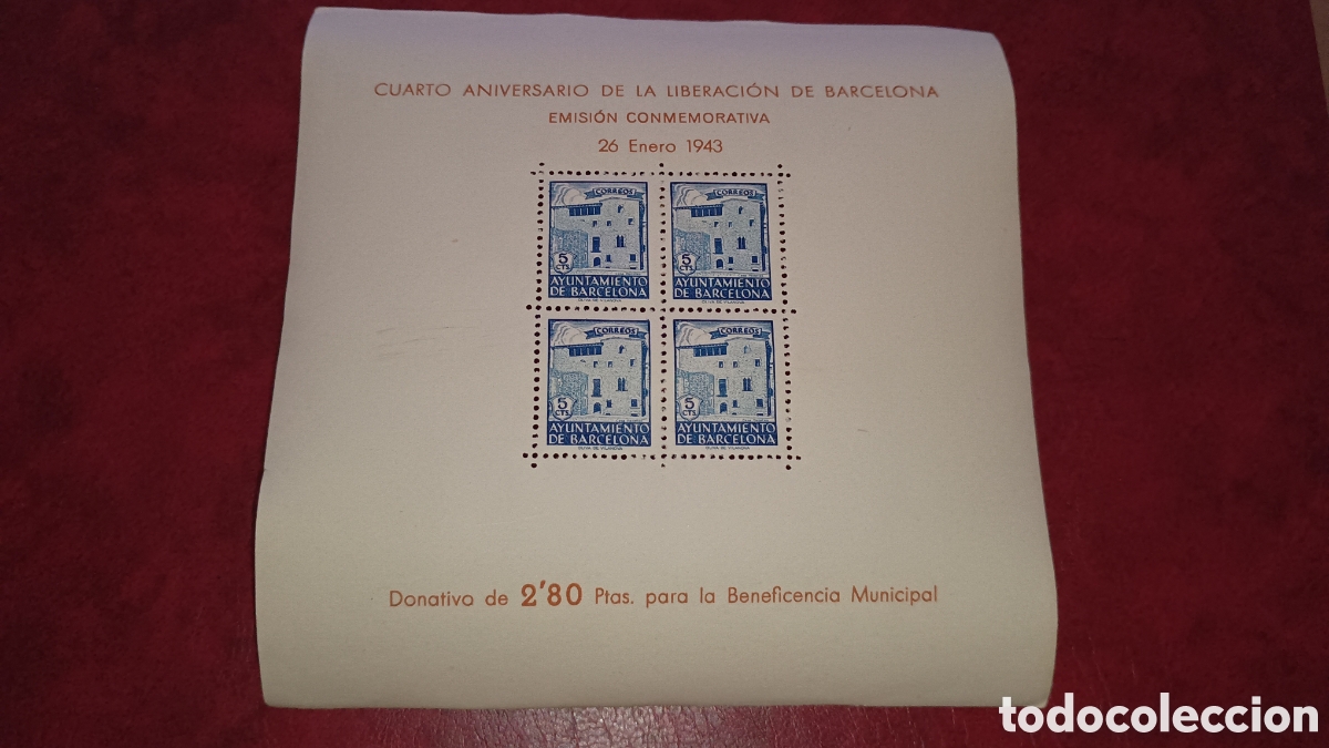 Sellos: ESPA&Ntilde;A 1943 - AYUNTAMIENTO DE BARCELONA EDIFIL 48 - CUARTO ANIVERSARIO DE LA LIBERACI&Oacute;N - PRUEBA