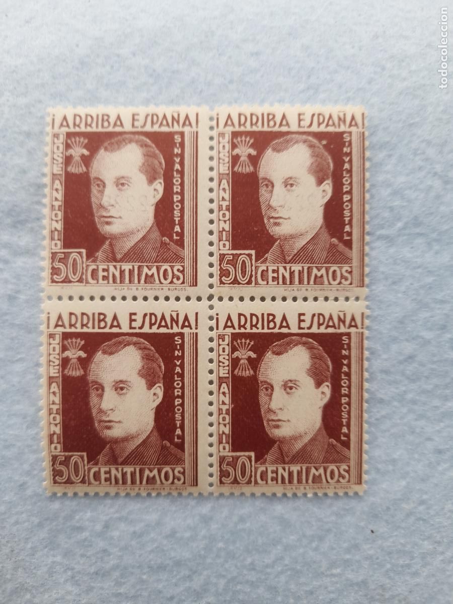 Sellos: Jose Antonio. Bloque de 4 Sellos. 50 C&eacute;ntimos. Arriba Espa&ntilde;a.