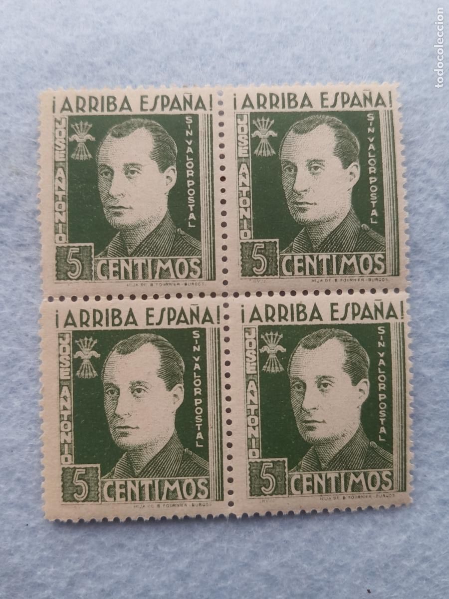 Sellos: Jose Antonio. Bloque de 4 Sellos. 5 C&eacute;ntimos. Arriba Espa&ntilde;a.