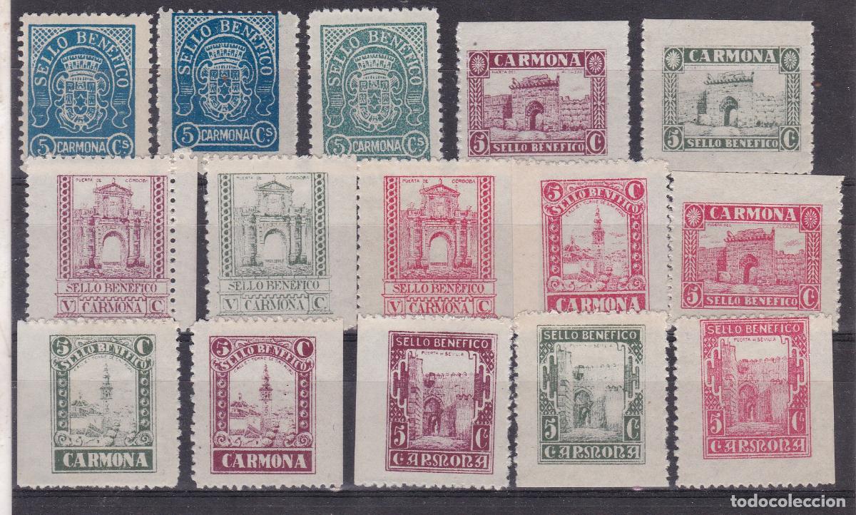 Sellos: FC4-84- Guerra Civil Locales Sello Ben&eacute;fico CARMONA x 15 Sellos Nuevos . **/*