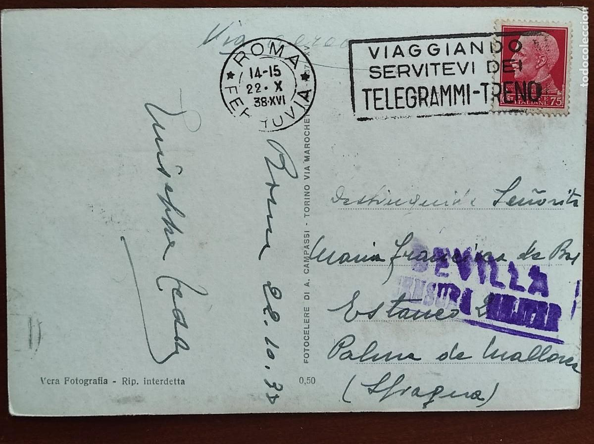 Sellos: CENSURA MILITAR SEVILLA A&Ntilde;O 1938 - CARTA CIRCULADA DE ITALIA A PALMA DE MALLORCA