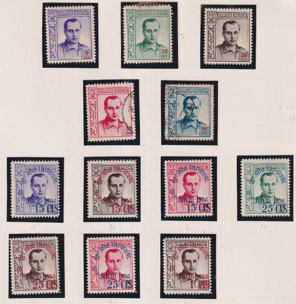 Sellos: LOTE DE 12 SELLOS JOSE ANTONIO - ARRIBA ESPA&Ntilde;A ! DISTINTOS VALORES Y SOBRECARGAS 15, 25 CTS Y 1 PTA
