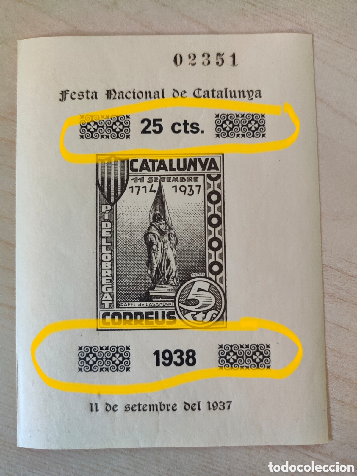 Sellos: a78 DIFICIL Pi de Llobregat Sant Joan Desp&iacute; Festa Nacional de Catalunya SOBRECARGA 25 cts 1938 LEER