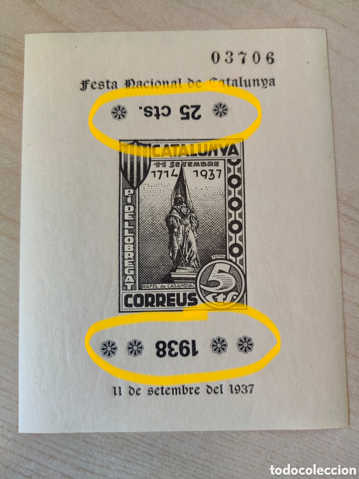 Sellos: a78 DIF&Iacute;CIL Pi de Llobregat Sant Joan Desp&iacute; SOBRECARGA INVERTIDA 25 cts 1938 Festa Catalunya LEER