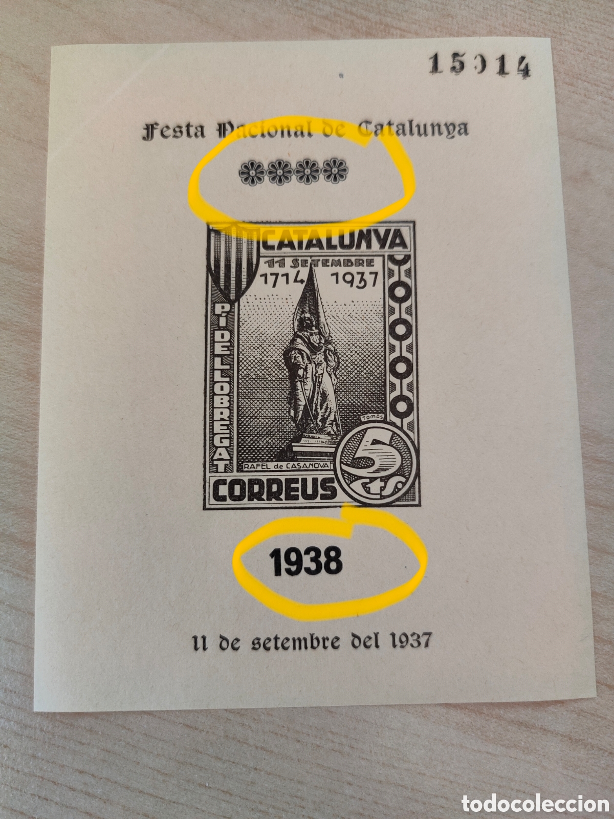 Sellos: a78 DIF&Iacute;CIL Pi de Llobregat Sant Joan Desp&iacute; Festa Nacional de Catalunya SOBRECARGA 1938 Leer descrip
