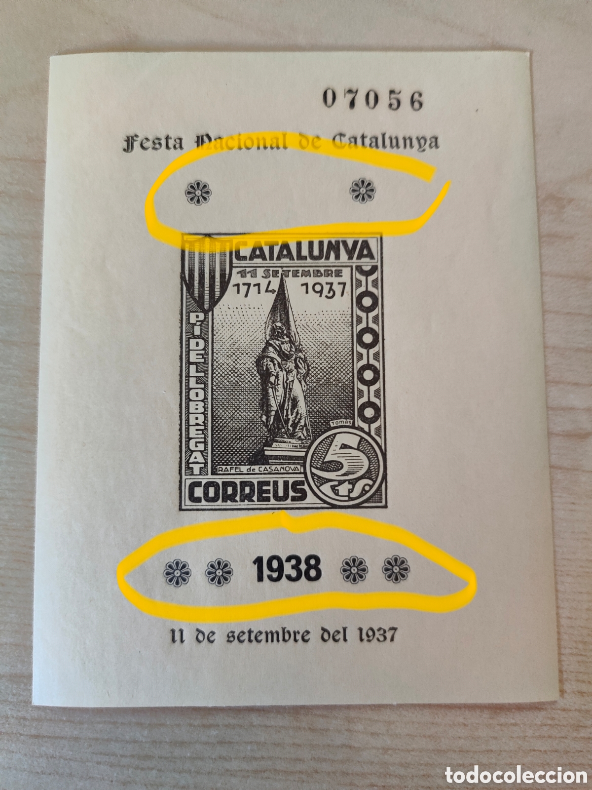 Sellos: a78 DIF&Iacute;CIL Pi de Llobregat Sant Joan Desp&iacute; Festa Nacional de Catalunya SOBRECARGA 1938 leer descrip
