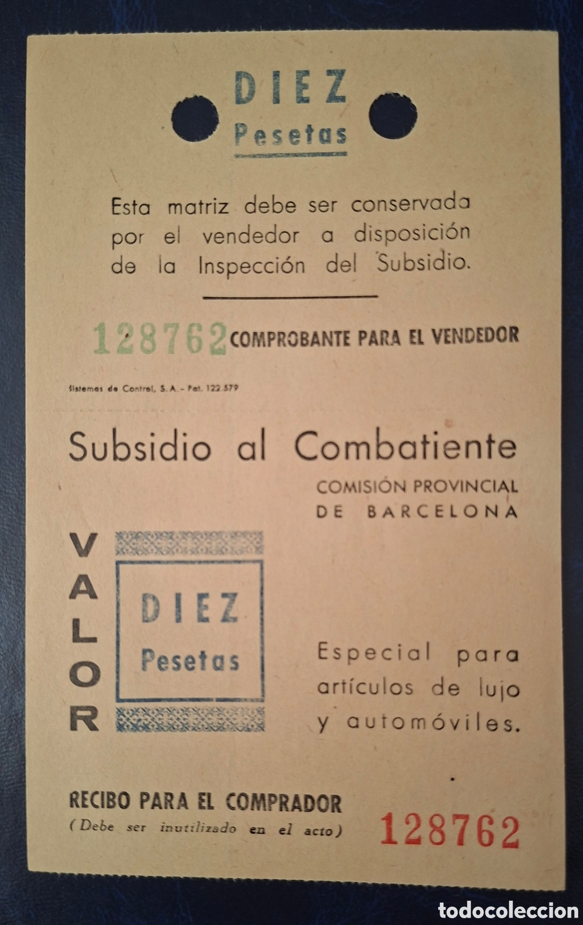 Sellos: Guerra civil Subsidio al combatiente 10 ptas Barcelona Raro sin cortar