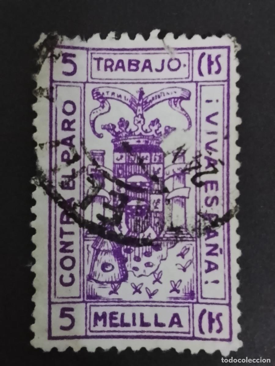 Sellos: Sello Melilla. Contra el paro trabajo. 5 c&eacute;ntimos.