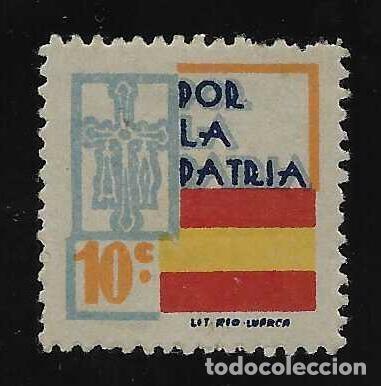 Sellos: ASTURIAS. POR LA PATRIA. PIE DE IMPRENTA LIT. RIO - LUARCA. 10 CTS.