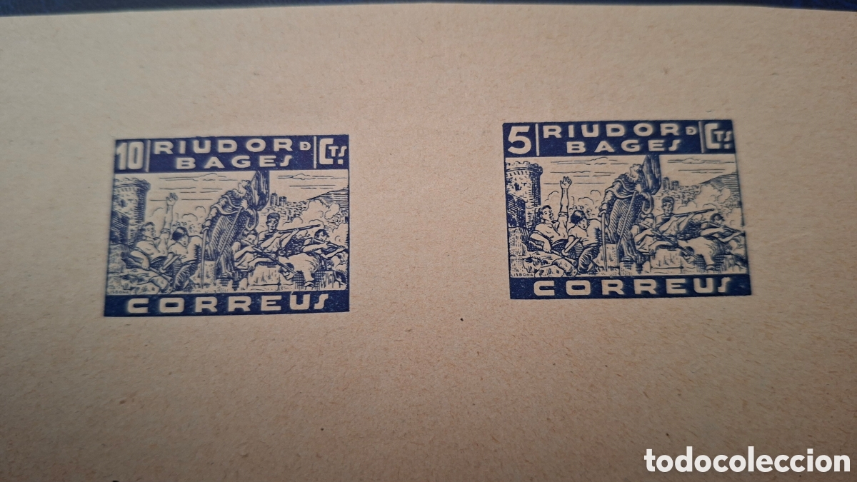 Sellos: Guerra civil vi&ntilde;etas pareja horizontal Riudor Bages prueba 10 cts y 5 cts azul