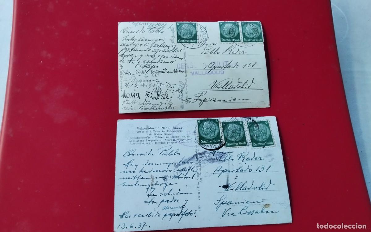 Sellos: VALLADOLID , GUERRA CIVIL , DOS POSTALES CON CENSURA MILITAR CIRCULADAS DESDE ALEMANIA