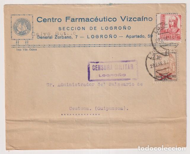 Timbres: Centro Farmac&eacute;utico Vizcaino. Secci&oacute;n Logro&ntilde;o. Carta con Mem. a Cestona (Guip&uacute;zcoa) Franqu. con Edif