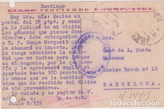 Stamps: Otero Izqierdo y Comp. Tarjeta con membrete de Orense a Barcelona fechado el 8 Jul. 1939. franqueo q
