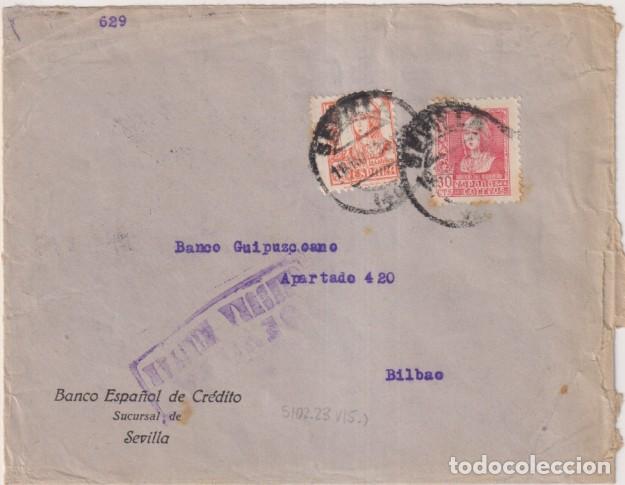 Sellos: Carta Banco E. de C. de Sevilla A Banco Guipuzcoano, Bilbao, del 16-Nov-38 co Edifil 857 y 857A + 5