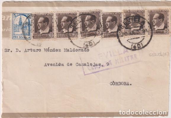 Sellos: Frontal de Carta de Sevilla a C&oacute;rdoba del 30 Jul. 37. Franqueado con Edifil 681 (6) y Sello pro-Sevi