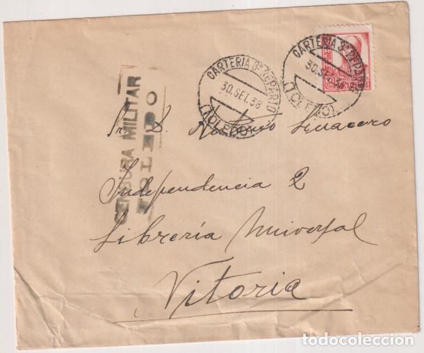 Sellos: Carta de Toledo. Librer&iacute;a Universal a Vitoria Franqueado y Fechado el 30-Sep. 1938. Con Censura Mili