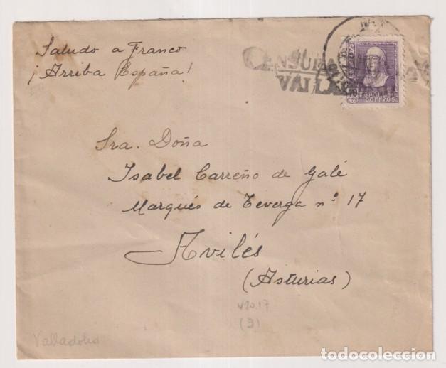 Sellos: Carta de Valladolid a Avil&eacute;s Fechado 1 Mar. 1939. Franqueado con Edifil 858. Con Censura M. de Valla