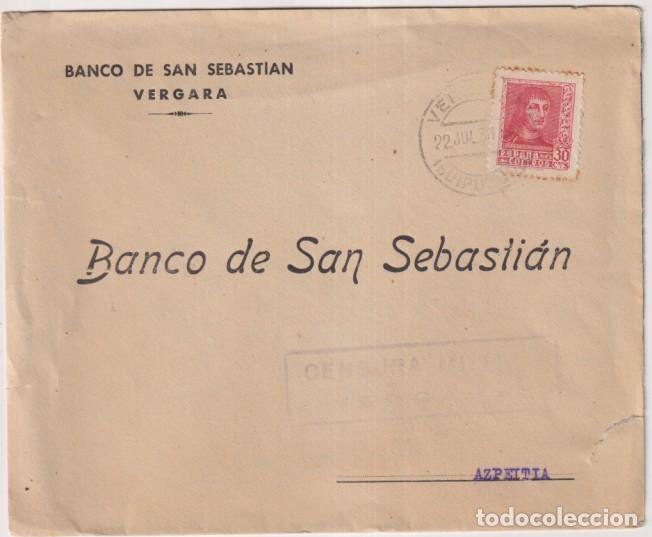 Sellos: Carta con Membrete Banco de San Sebasti&aacute;n, Vergara a B. de San Sebasti&aacute;n de Azpeitia. Franqueado 22