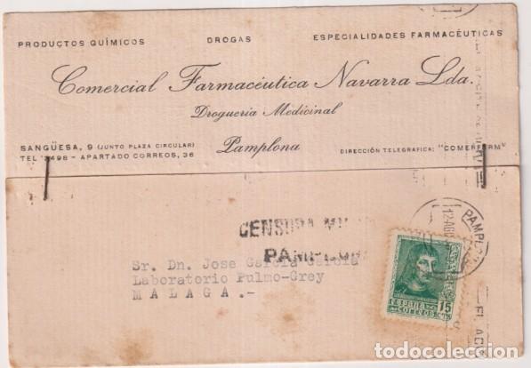 Sellos: Tarjeta Postal con Membrete, C. Farmac&eacute;utica Navarra a Lab. Palmo-Grey, M&aacute;laga del 15 Ago. 1938. Fra