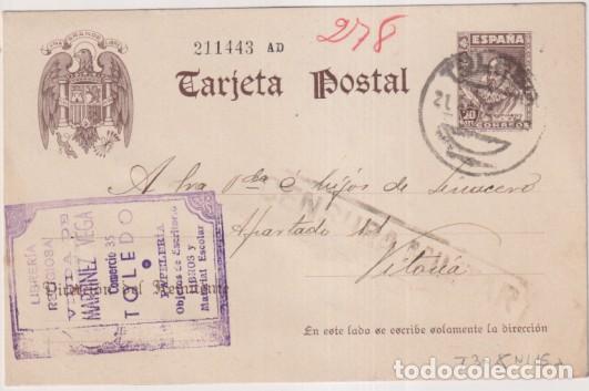 Sellos: Tarjeta Entero Postal 83 de 1938-1940. de Toledo a Vitoria del 20.Sep-1939. con Censura Militar de T
