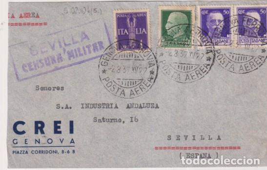 Sellos: Frontal de Carta de Genova (CREI) a Sevilla (S.A. Industria andaluza) Franqueado y Fechado. Posta A&eacute;