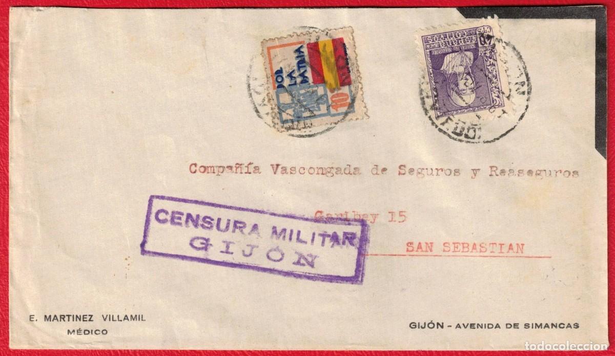 Sellos: Sobre circulado con Censura militar - De Gijon a San Sebastian - Franqueado