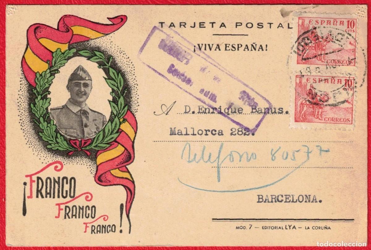 Sellos: Tarjeta postal patri&oacute;tica Franco, Franco, Franco. Arriba Espa&ntilde;a - Editorial Lya - Gijon a Barcelona
