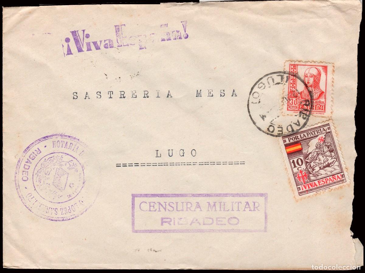 Sellos: Lugo - Guerra Civil - Edi o 823 + Local - Sobre Mat &rdquo;Ribadeo 20/Jul./38&rdquo; + &rdquo;Censura Militar -Ribadeo