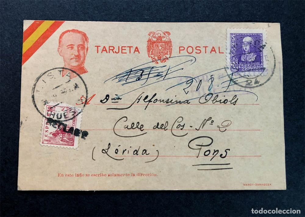Sellos: TARJETA POSTAL 1939 / HUESCA - LISTA / ENVIADO A PONS ( LLEIDA )