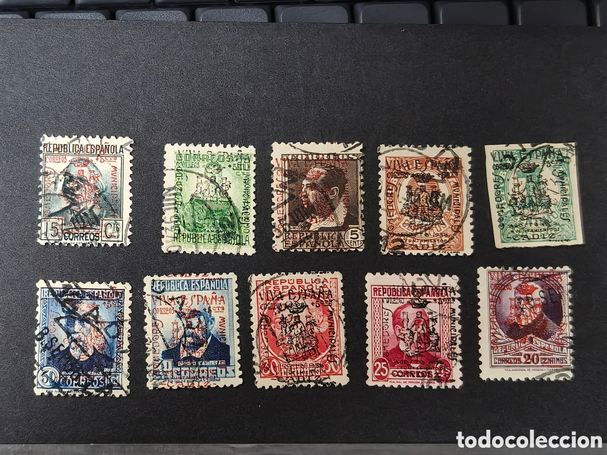 Sellos: Espa&ntilde;a sellos Guerra Civil CADIZ GALVEZ 1/10 sellos usados serie completa