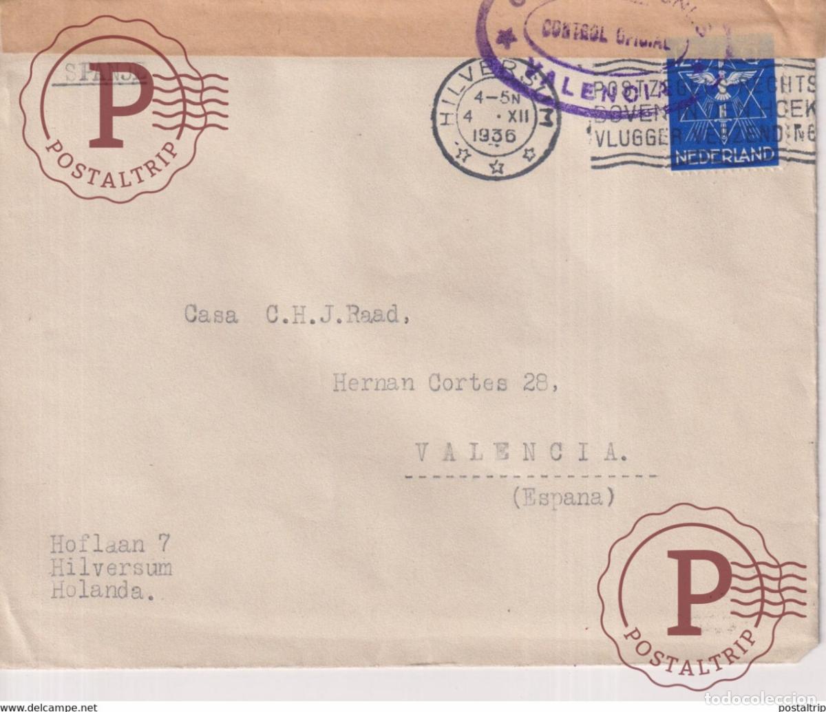 Briefmarken: CENSURA MILITAR VALENCIA 1936 PRIMER REPARTO DE HILVERSUM HOLANDS NEDERLAND Guerra civil espa&ntilde;ola E