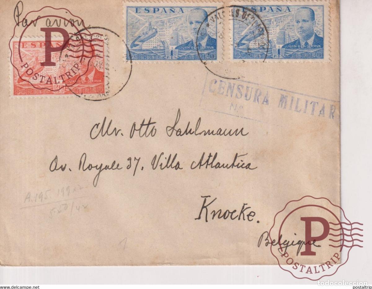 Briefmarken: CENSURA MILITAR PAR AVION A KNOCKE KNOKKE BELGIE BELGICA Guerra civil espa&ntilde;ola ESPA&Ntilde;A