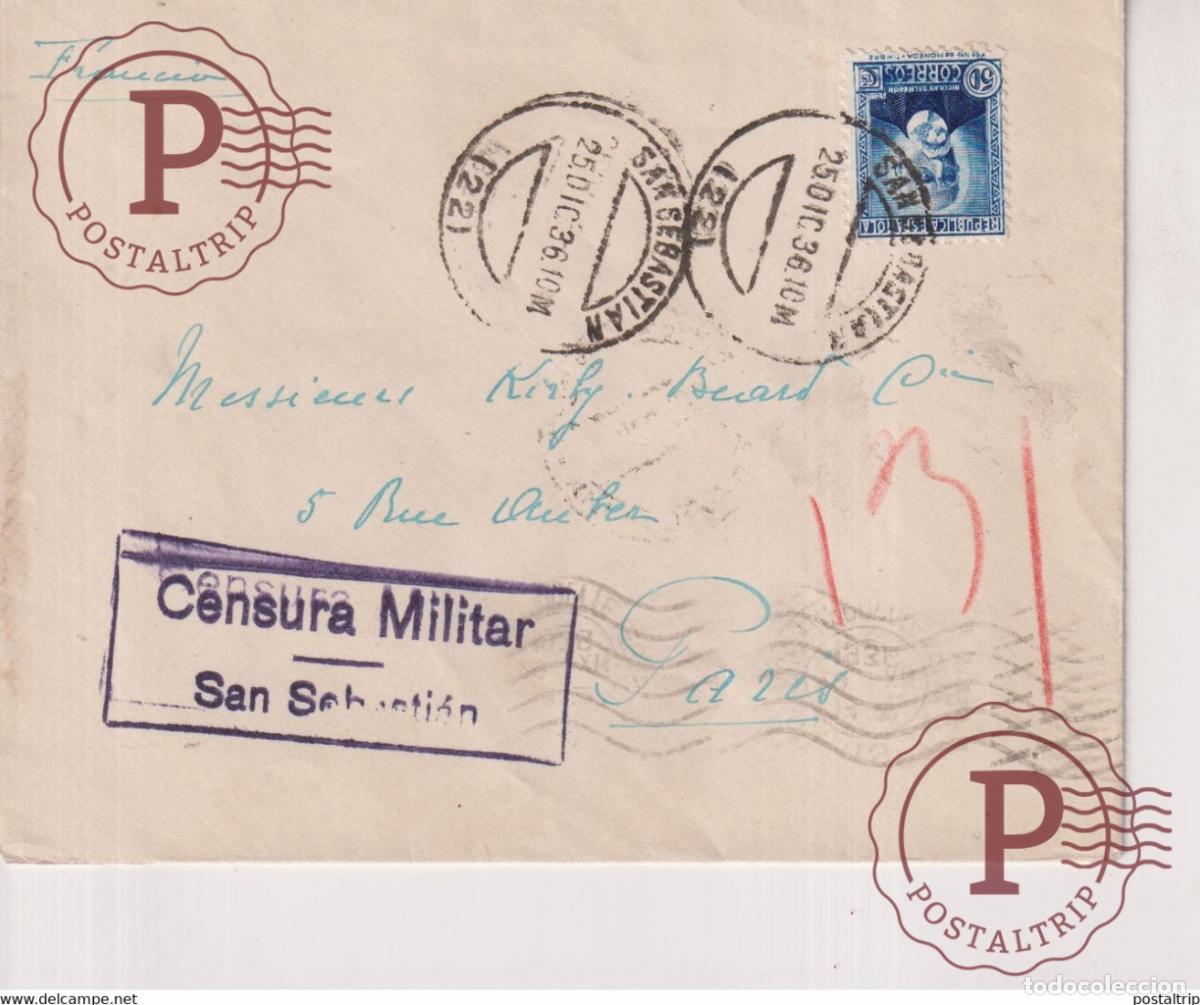 Briefmarken: CENSURA MILITAR SAN SEBASTIAN 1936 A PARIS FRANCIA Guerra civil espa&ntilde;ola ESPA&Ntilde;A