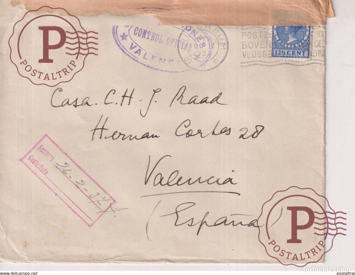 Briefmarken: COMUNICACION CONTROL OFICIAL VALENCIA HILVERSUM HOLANDA Guerra civil espa&ntilde;ola ESPA&Ntilde;A