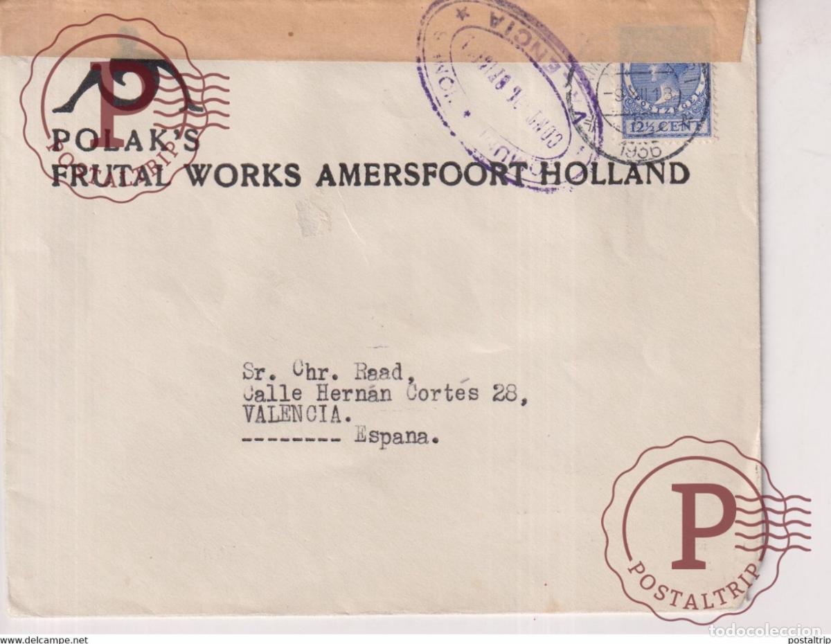 Briefmarken: COMUNICACION CONTROL OFICIAL VALENCIA POLAKS FRUTAL WORKS AMERSFOORT HOLLANDA Guerra civil esp