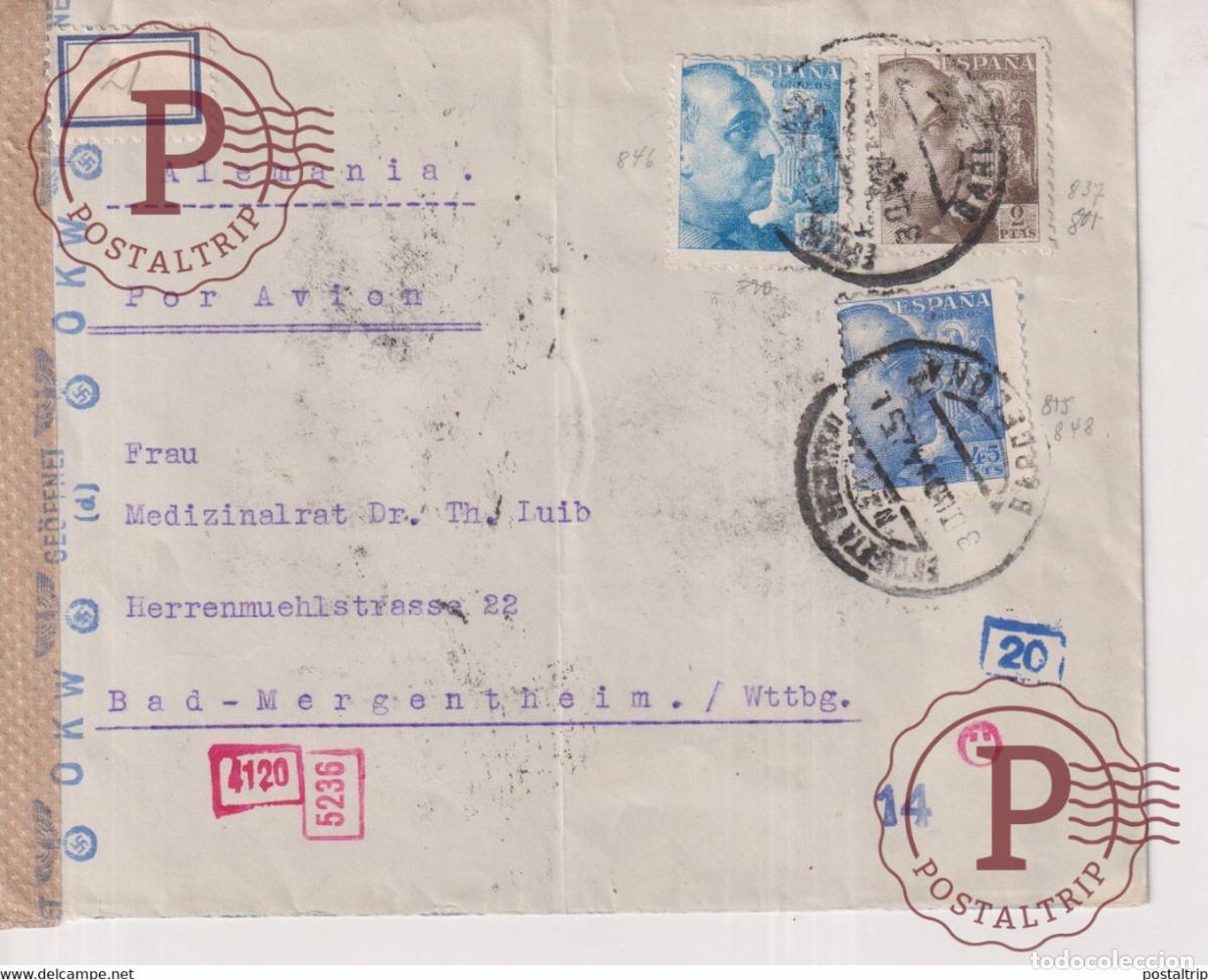 Sellos: CENCURA BARCELONA CORREO AEREO 1942 DE SAN JOSE DE LA MONTA&Ntilde;A OKW GEOFFNET BAD MERGENTHEIM Guerra c