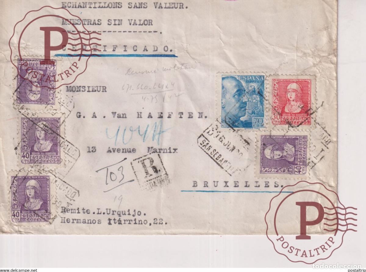 Sellos: CENCURA MILITAR SAN SEBASTIAN E.M. CERTIFICADO A BRUXELLES Guerra civil espa&ntilde;ola ESPA&Ntilde;A
