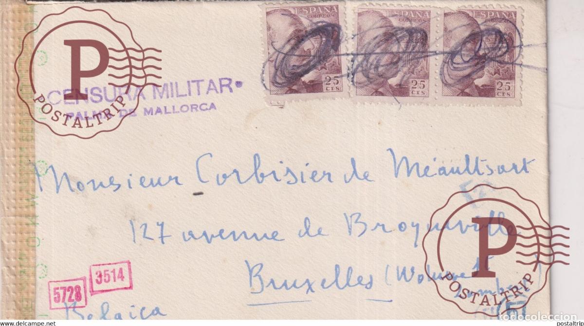 Briefmarken: CENCURA MILITAR PALMA DE MALLORCA OKW GEOFNET DE M DE BEISTEGUI IBIZA BRUXELLES Guerra civil espa