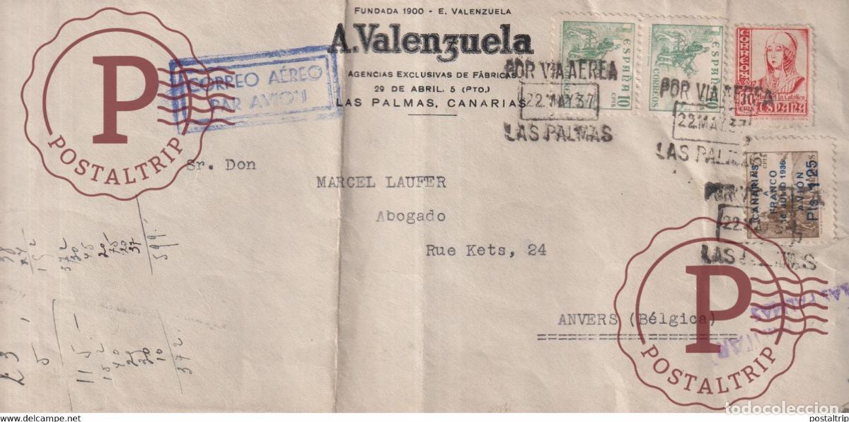Briefmarken: CENCURA MILITAR LAS PALMAS A VALENZUELA CANARIAS CORREO AEREO POR AVION 1937 A FRACO 1936 Guerra c