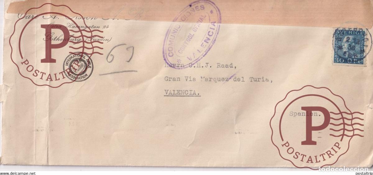 Briefmarken: SWEDEN GOTHENBURG CONTROL OFICIAL VALENCIA Guerra civil espa&ntilde;ola ESPA&Ntilde;A