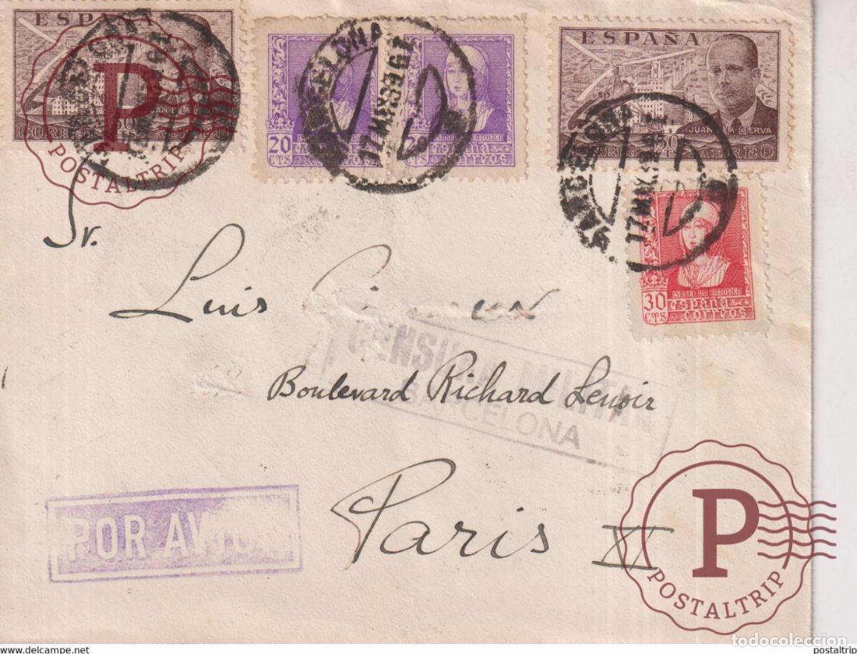 Briefmarken: BARCELONA 1939 CENSURA MILITAR POR AVION A PARIS Guerra civil espa&ntilde;ola ESPA&Ntilde;A