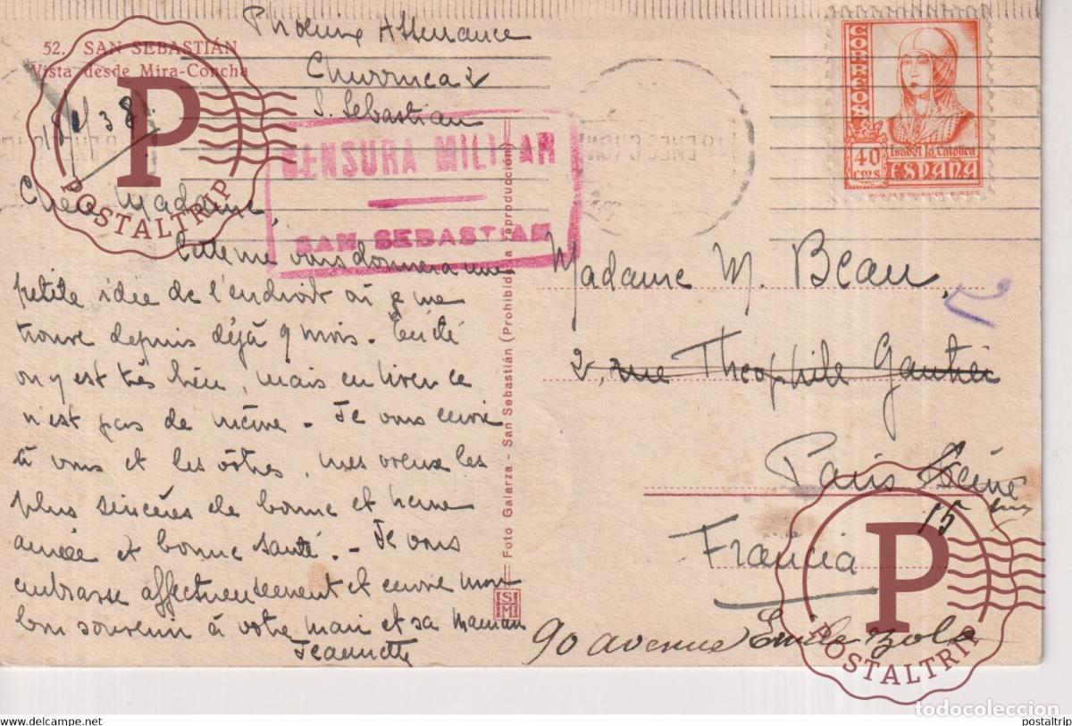 Sellos: CENSURA MILITAR SAN SEBASTIAN A PARIS FRANCIA VISTA MIRA CONCHA Pa&iacute;s Vasco Guip&uacute;zcoa Guerra civil