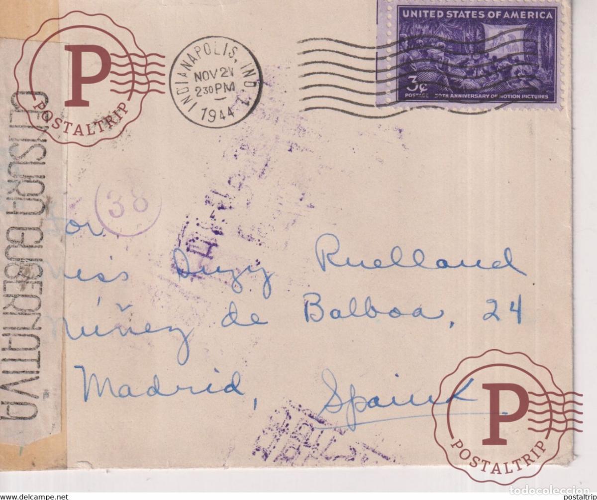 Sellos: CENSURA GUBERNATIVA UNITED STATES OF AMERICA 1944 INDIANAPOLIS MADRID Guerra civil espa&ntilde;ola ESPA&Ntilde;A