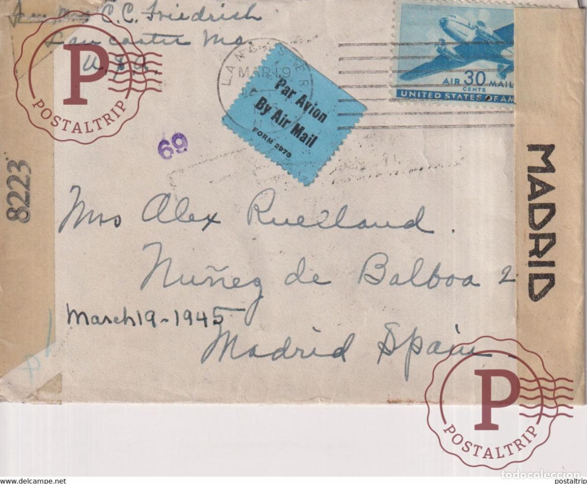Sellos: CENSURA GUBERNATIVA UNITED STATES OF AMERICA 1945 PAR AVION BY AIR MAIL Guerra civil espa&ntilde;ola ESPA