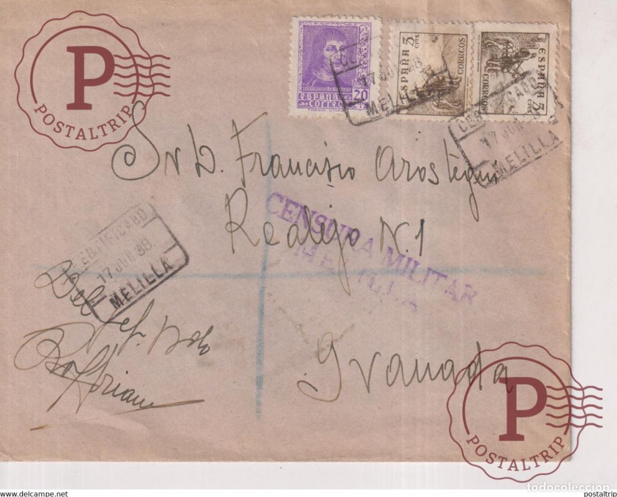 Sellos: CENSURA MILITAR MELILLA CERTIFICADO 1938 A GRANADA Guerra civil espa&ntilde;ola