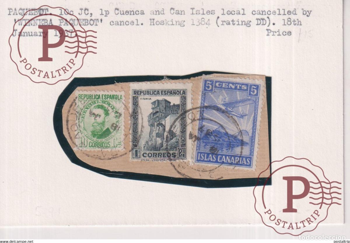 Sellos: SOLO LOS SELLOS PAQUEBOT 10 C JC 1P CUENCA ISLAS CANARIAS WINNEBA PAQUEBOT HOSKING 1384