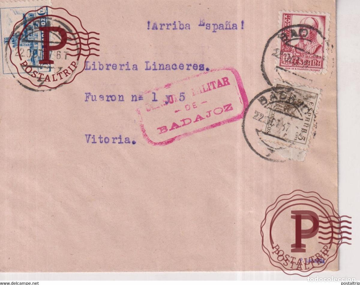 Sellos: CENSURA MILITAR BADAJOZ 1937 A VITORIA CUARTEL GUARDIA CIVIL GUERRA CIVIL